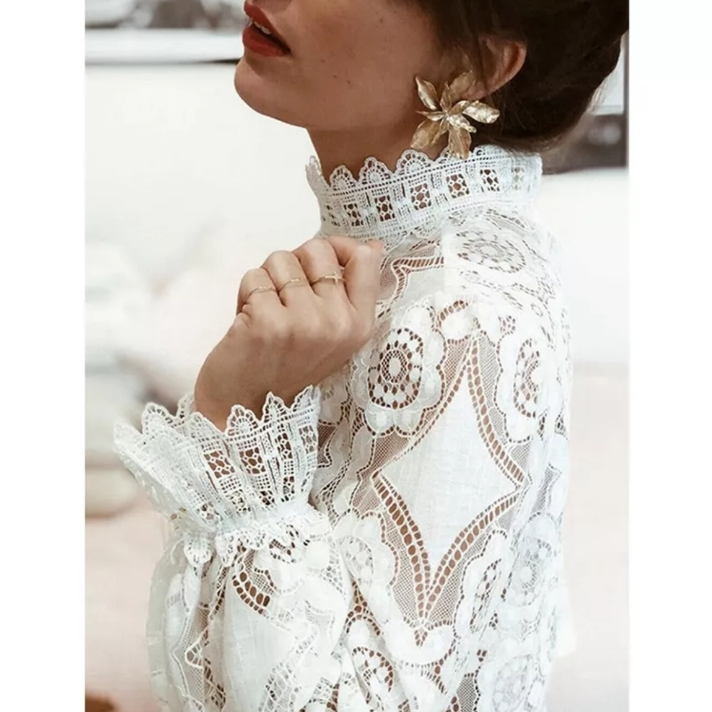Boho White Lace Top Long Sleeve White Retro Vintage - Picture 4 of 10